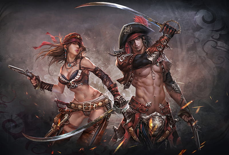 Pirates, fantasy, girl, ares, man, sword, pirate, couple, HD wallpaper