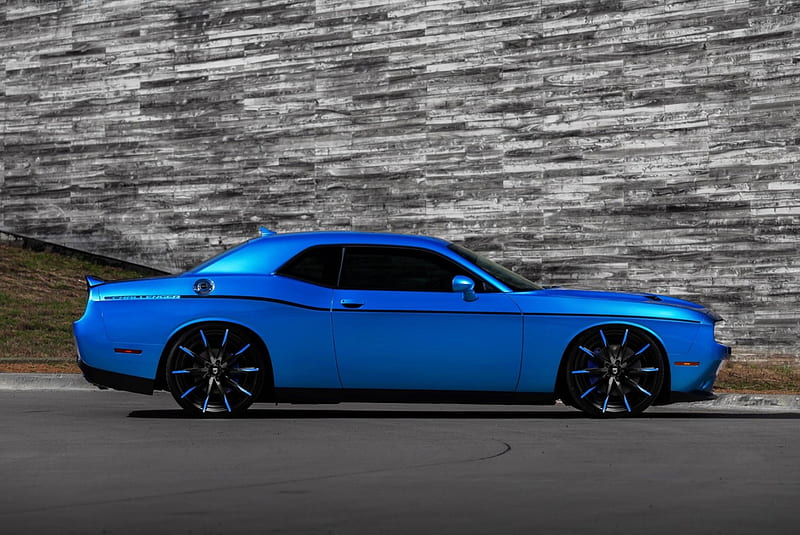 Blue Challenger, Dodge, Custom Wheels, Black Tint, Mopar, HD wallpaper