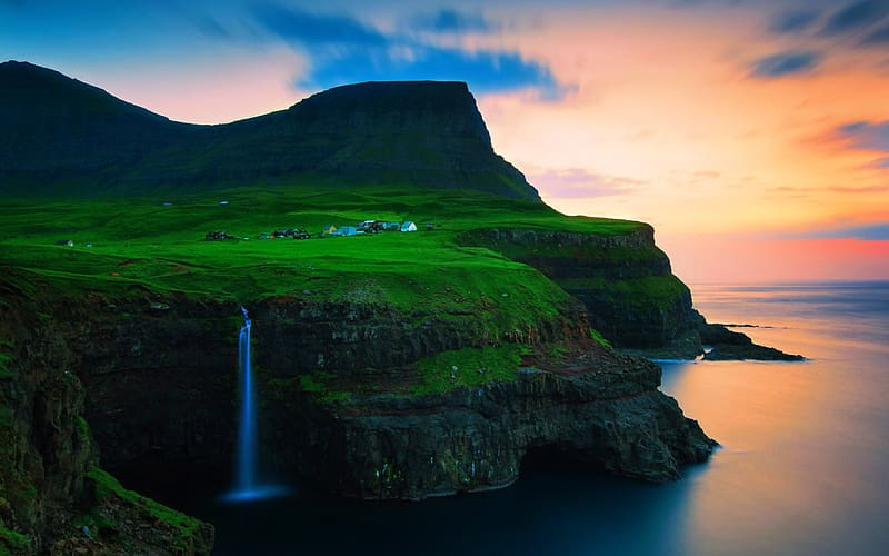 Waterfall, House, Village, Cliff, Norway, Faroe Islands, , Gásadalur, HD wallpaper