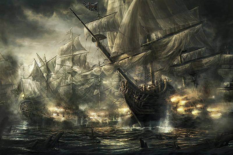 Pirates Battle, ships, pirates, battle, darkness, HD wallpaper