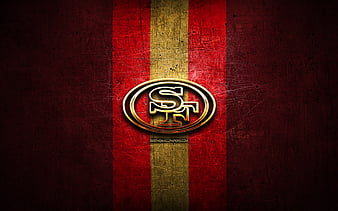 San Francisco 49ers, golden logo, NFL, red metal background, american  football club, HD wallpaper