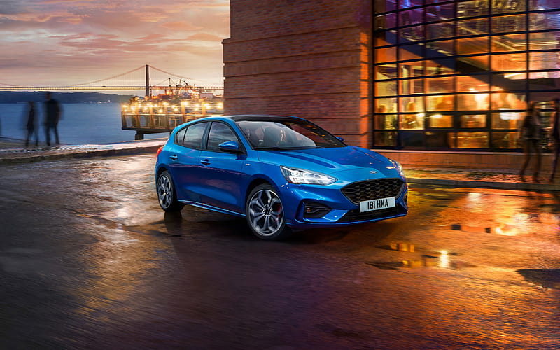 Ford Focus, ST Line, 2018, blue hatchback, sports version, new blue Focus, exterior, American cars, Ford, HD wallpaper