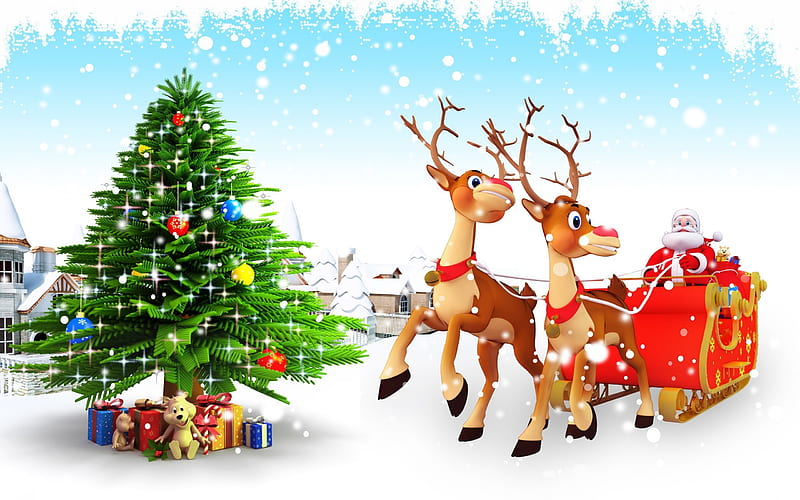 3d Christmas tree, Christmas, Santa Claus, reindeer, New Year, 3D deer, HD wallpaper