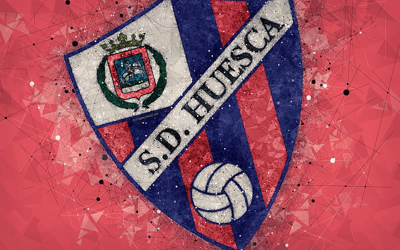 Sociedad Deportiva Huesca geometric art, logo, red abstract background, Spanish football club, emblem, LaLiga2, Segunda Division B, Huesca, Spain, football, creative art, SD Huesca, HD wallpaper