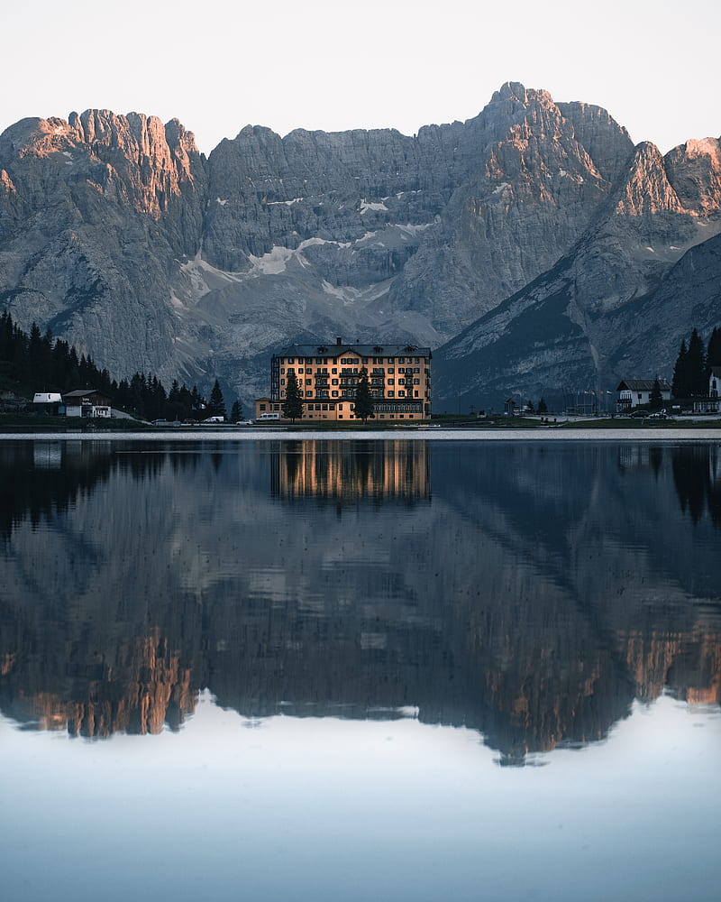mountains, lake, building, architecture, reflection, HD phone wallpaper