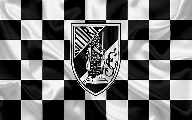 Vitoria Guimaraes SC logo, creative art, black and white checkered flag, Portuguese football club, Primeira Liga, Liga NOS, emblem, silk texture, Guimaraes, Portugal, football, HD wallpaper