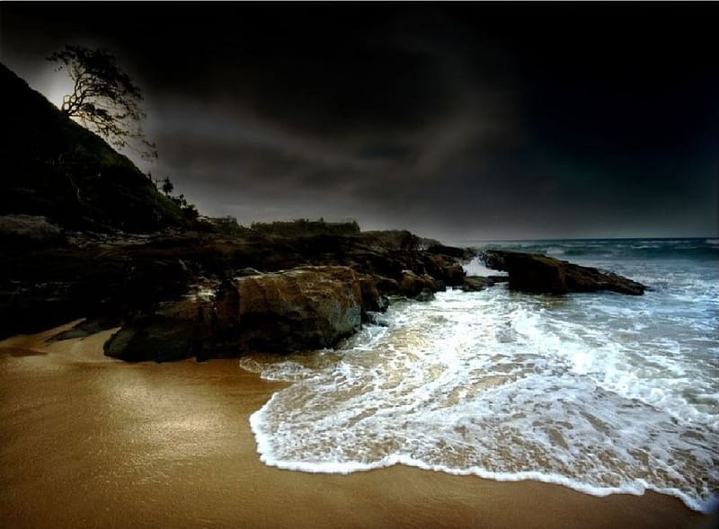 Yaroomba-Darken, sand, sea, night, HD wallpaper
