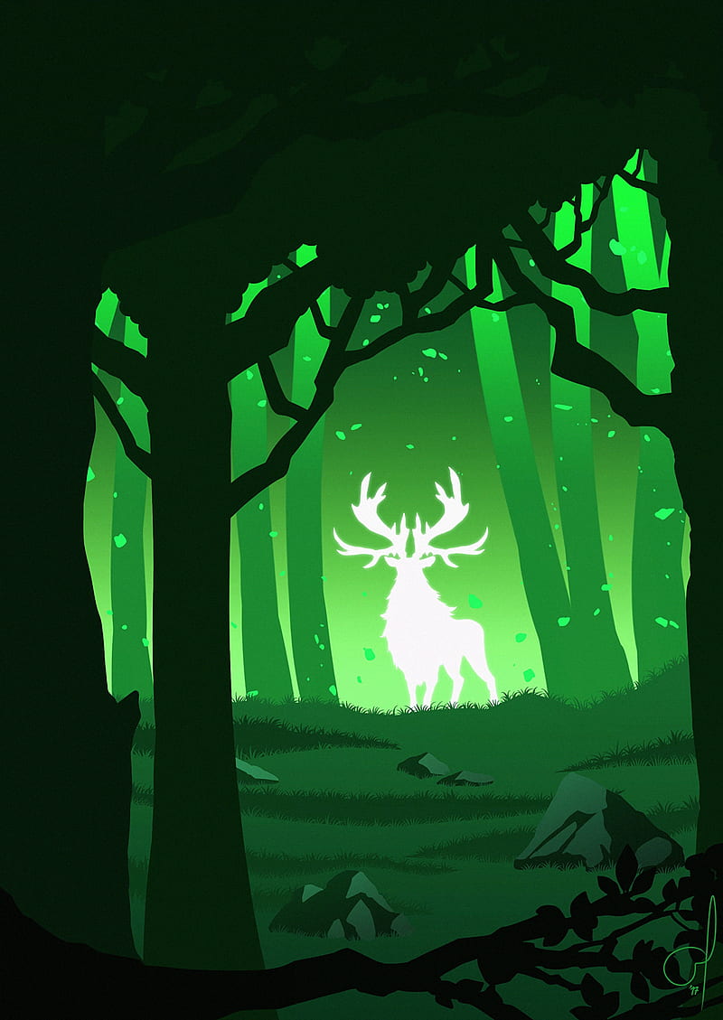 deer, silhouette, forest, vector, green, HD phone wallpaper