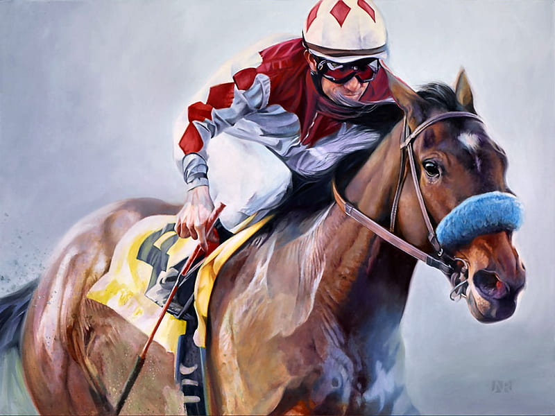 Horse Jockey, art, silks, jockey, thoroughbred, racing, equine, bonito, horse, artwork, animal, painting, wide screen, thorobred, esports, HD wallpaper