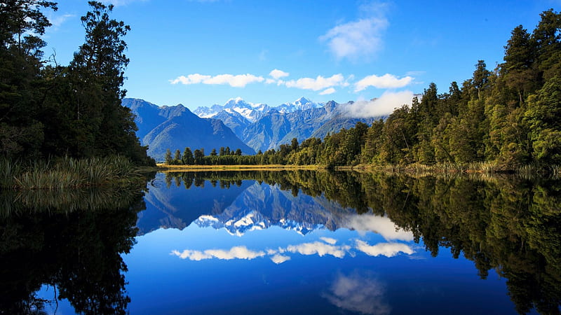 Lake Matheson, Southern Alps, New Zealand, water, reflections, landscape, clouds, trees, sky, mountains, HD wallpaper