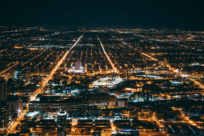 night city, city lights, aerial view, overview, chicago, HD wallpaper
