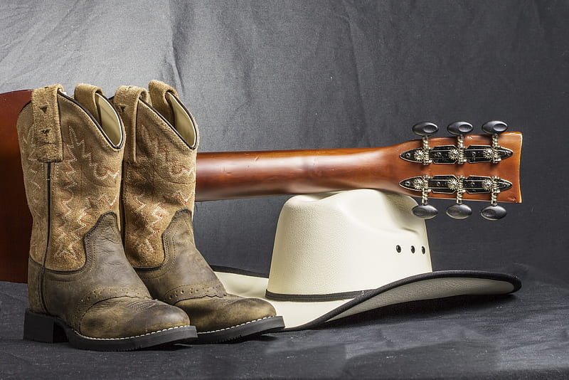 Cowboy stuff, guitar, boots, stuff, cowboy, hat, HD wallpaper