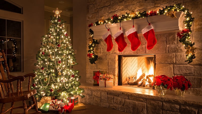 Oh Christmas Tree, Christmas tree, stockings, fire place, ornaments, rocking chair, presents, HD wallpaper