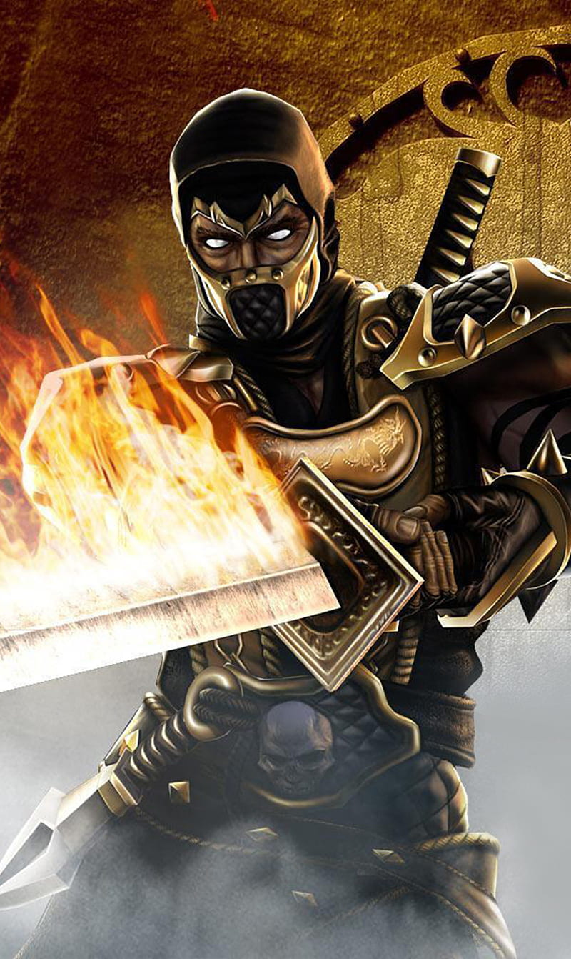 Mortal kombat, 2013, fire, game, scorpion, sword, HD phone wallpaper