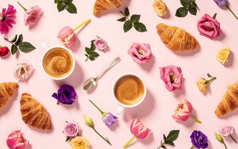 Good Morning!, texture, flower, cup, morning, croissant, pink, food, sweet, dessert, coffee, HD wallpaper