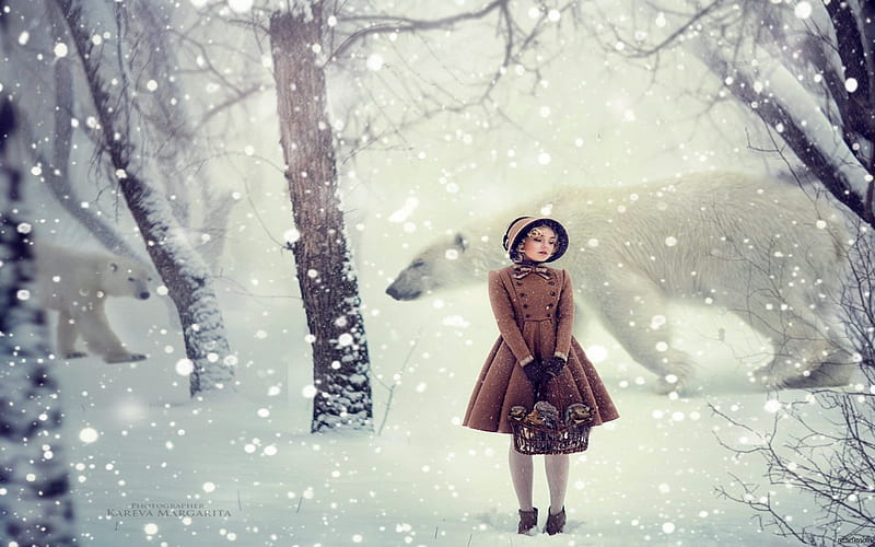 Woman And Polar Bears, Coat, Trees, Shoes, Snow, Woman, Hats, Winter, HD wallpaper