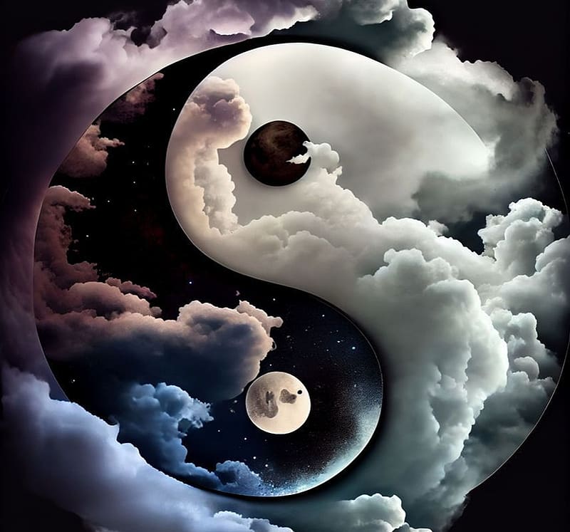 Yin Yang, fantasy, moon, luna, sun, cloud, night, black, white, day, HD wallpaper
