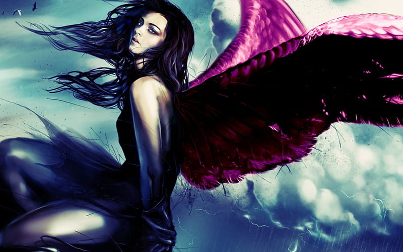 Angel, wings, cloud, black, sky, woman, fantasy, girl, feather, dark, white, pink, creature, blue, HD wallpaper