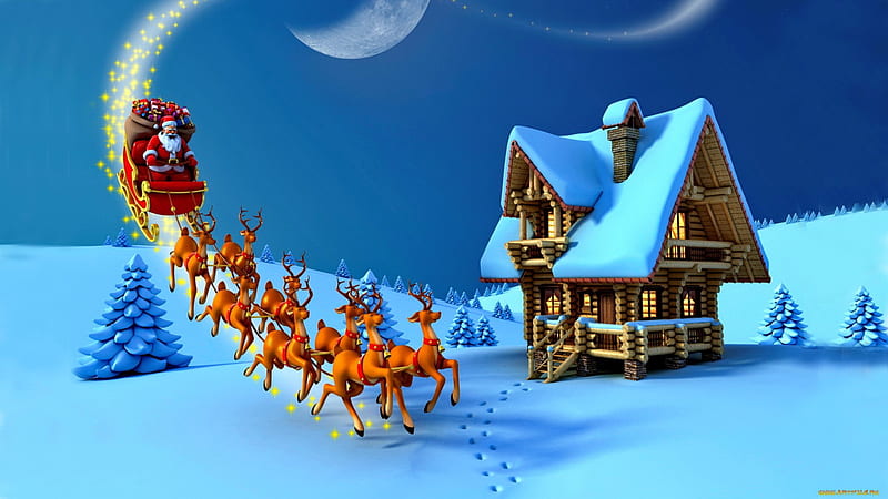 Santa claus y renos, trineo, navidad, nieve, cabaña, paseo, renos, santa  claus, Fondo de pantalla HD | Peakpx