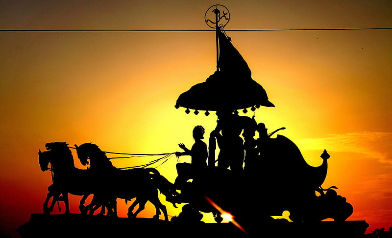 ARJUNA's CHARIOT( MAHABHARATA), Krishna, Chariot, Arjuna, Mahabharata, sunset, silhouette, mythology, horses, HD wallpaper