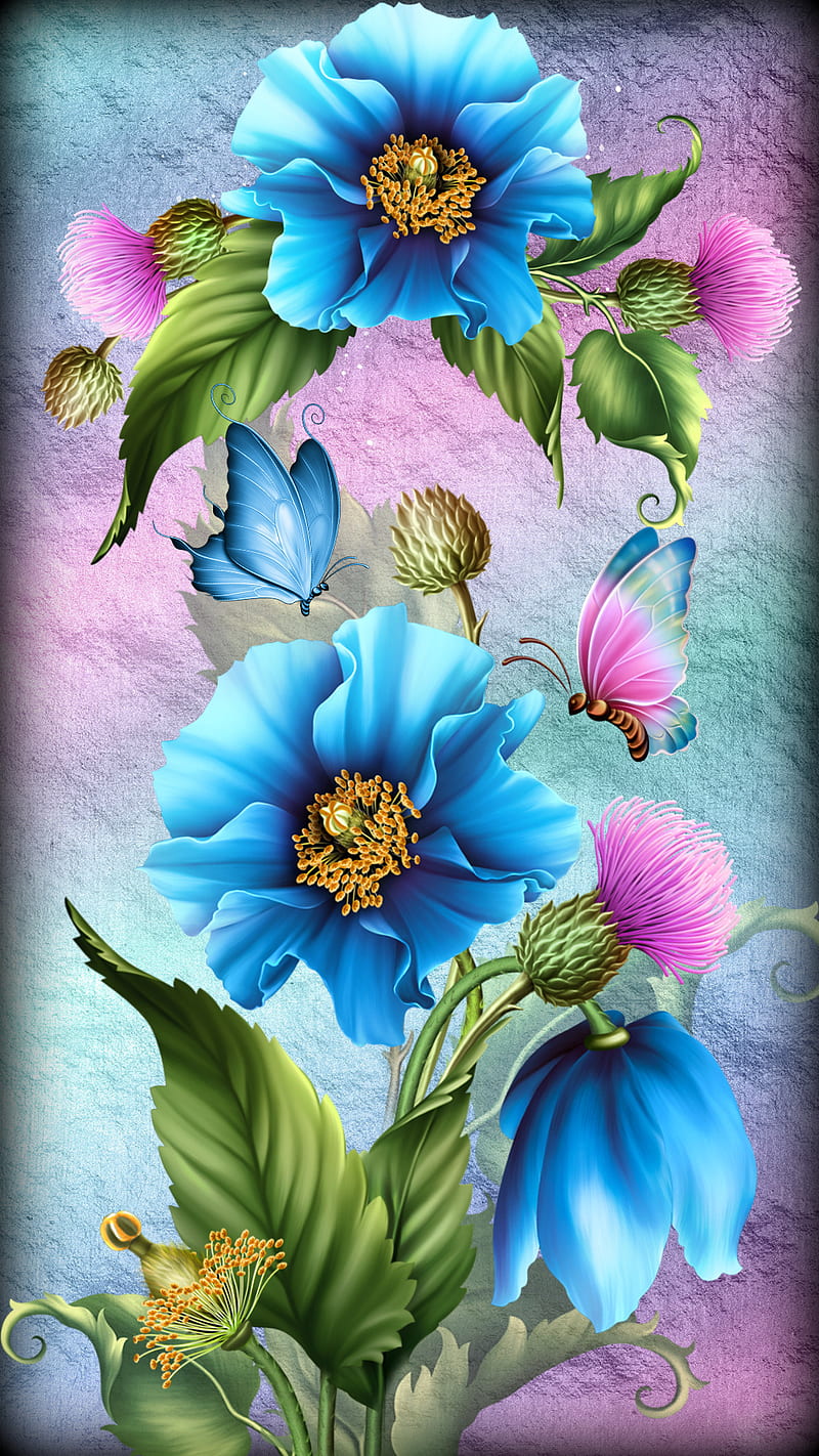 Flowers Compose, art, blue, butterfly, desenho, flower, rainbow, HD phone wallpaper