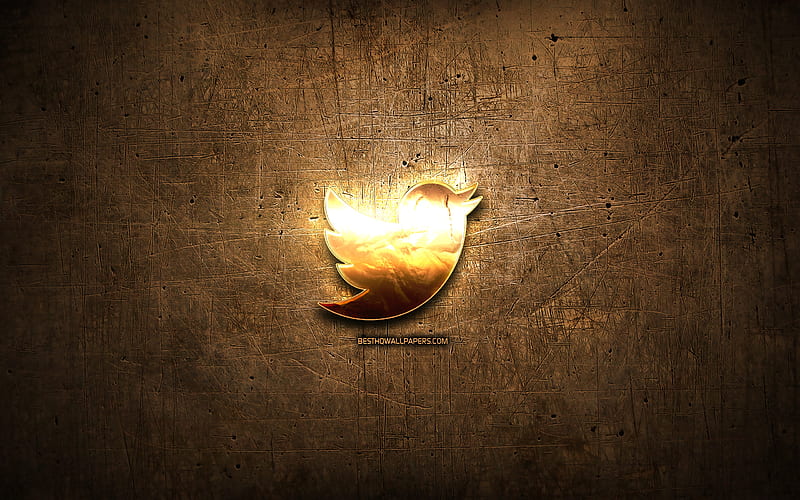 Twitter golden logo, social network, artwork, gold letters, brown metal background, creative, Twitter logo, brands, Twitter, HD wallpaper