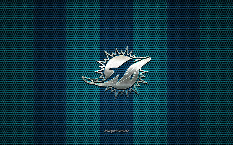 Miami Dolphins logo, American football club, metal emblem, blue black metal mesh background, Miami Dolphins, NFL, Miami, Florida, USA, american football, HD wallpaper