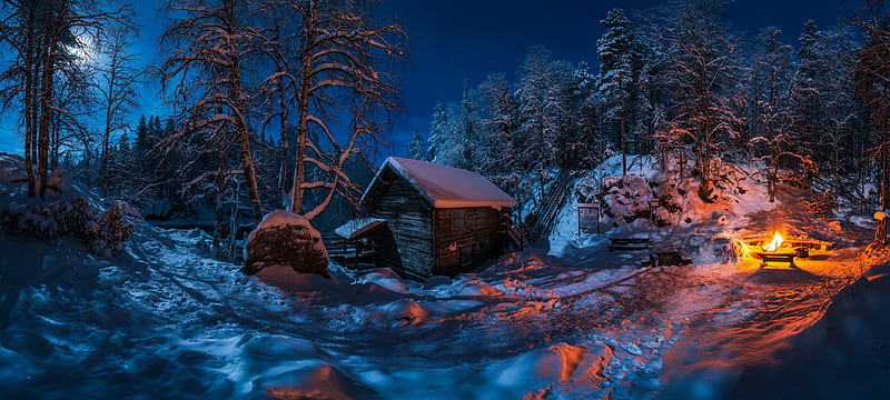 Winter night, snow, ice, evening, cold, winter, night, frost, house, fire, wooden, HD wallpaper