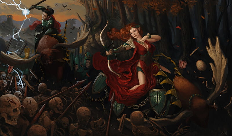 Battle in Green Woods, art, red, fantasy, battle, girl, archer, rai wald, horse, HD wallpaper