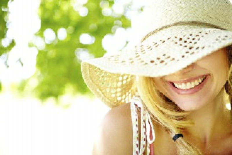 Sun Hat & Smile, hair, caucasian, sun, happiness, blonde, smile, woman, hat, HD wallpaper