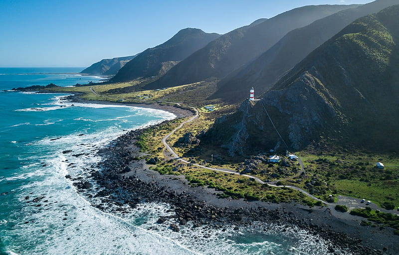 coast, The ocean, Road, Lighthouse, Mountain, New Zealand, New Zealand, Landscape, North Island, Coastline, Cape Palliser Lighthouse for , section пейзажи, HD wallpaper