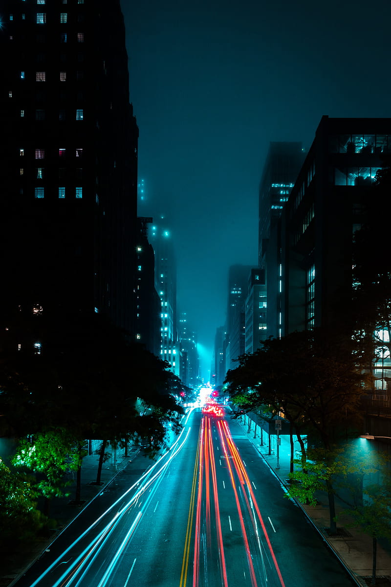 night city, street, road, lights, fog, HD phone wallpaper