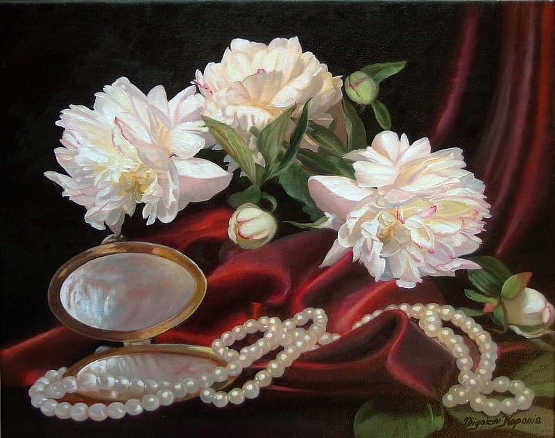 Still life with peonies and pearls, jewel, white, art, red, zbigniew kopania, bujor, still life, peony, pearl, shell, flower, painting, pictura, HD wallpaper