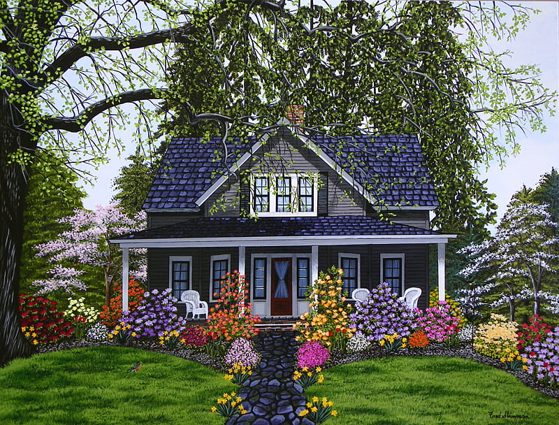A Cosy Little Home, warm, house, grass, gardens, trees, friendly, HD wallpaper