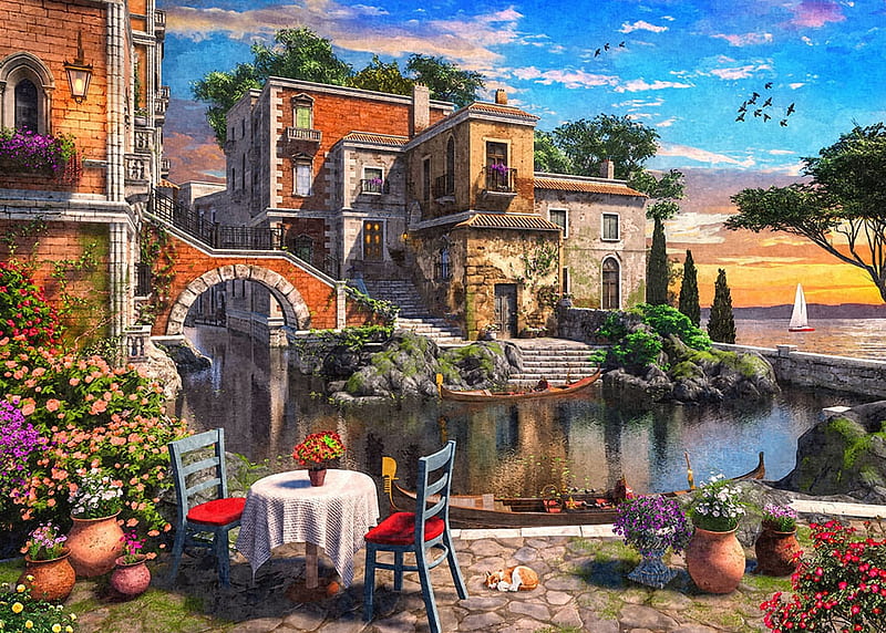 Tuscany Sunset, pond, table, restaurant, houses, painting, village, chairs, artwork, HD wallpaper