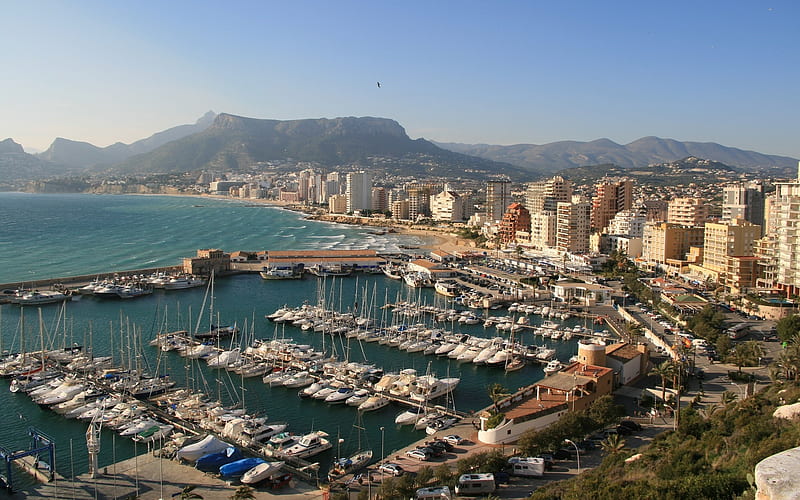 Marina in Calpe, Spain, Spain, Calpe, marina, yachts, city, sea, HD wallpaper
