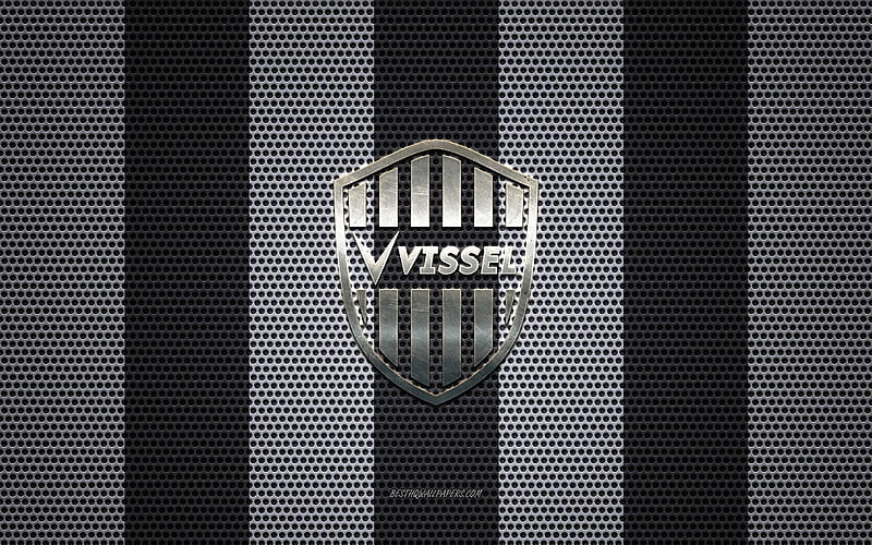 Vissel Kobe logo, Japanese football club, metal emblem, black white metal mesh background, Vissel Kobe, J1 League, Kobe, japan, football, Japan Professional Football League, HD wallpaper