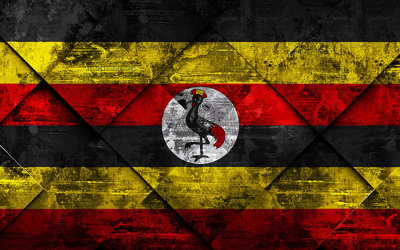 Flag of Uganda grunge art, rhombus grunge texture, Uganda flag, Africa, national symbols, Uganda, creative art, HD wallpaper