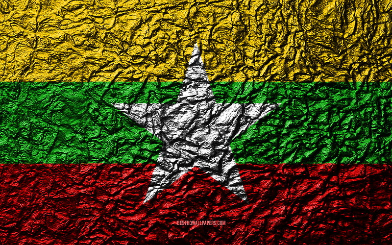 Flag of Myanmar stone texture, waves texture, Myanmar flag, national symbol, Myanmar, Asia, stone background, HD wallpaper
