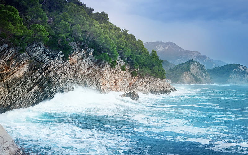 waves, sea, rocks, coast, storm, Montenegro, Adriatic Sea, HD wallpaper
