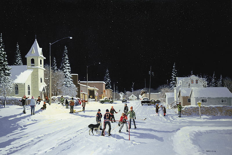 Winter Games, playing, hockey, houses, children, church, pines, dogs, night, HD wallpaper