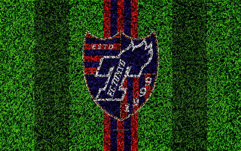 FC Tokyo logo, football lawn, japanese football club, blue red lines, grass texture, J1 League, Tokyo, japan, football, J-League, HD wallpaper
