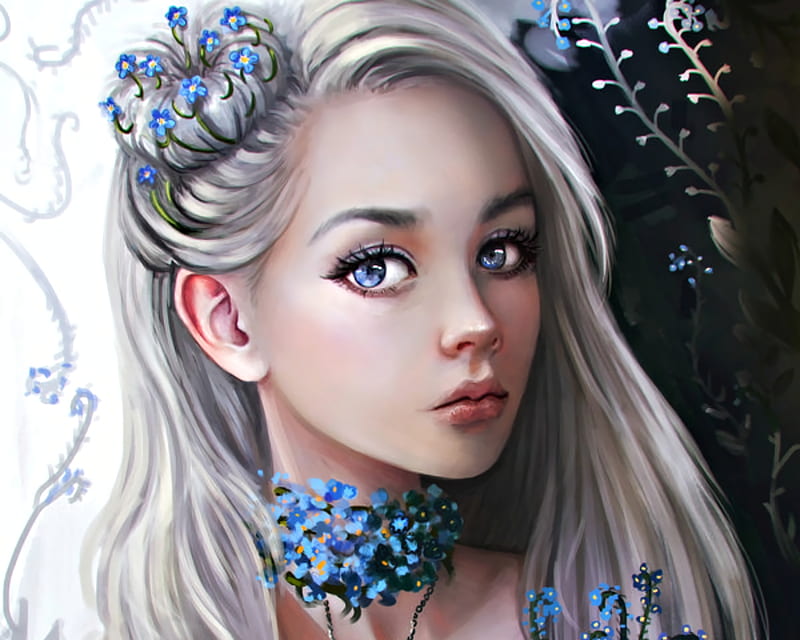 Forget Me Not Art Blonde Fantasy Girl Gracjana Zielinska Flower Portrait Hd Wallpaper
