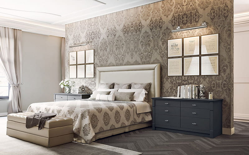 luxurious gray bedroom interior, floral patterns on the wall, gray walls, modern interior design, bedroom, classic style, stylish interior, HD wallpaper