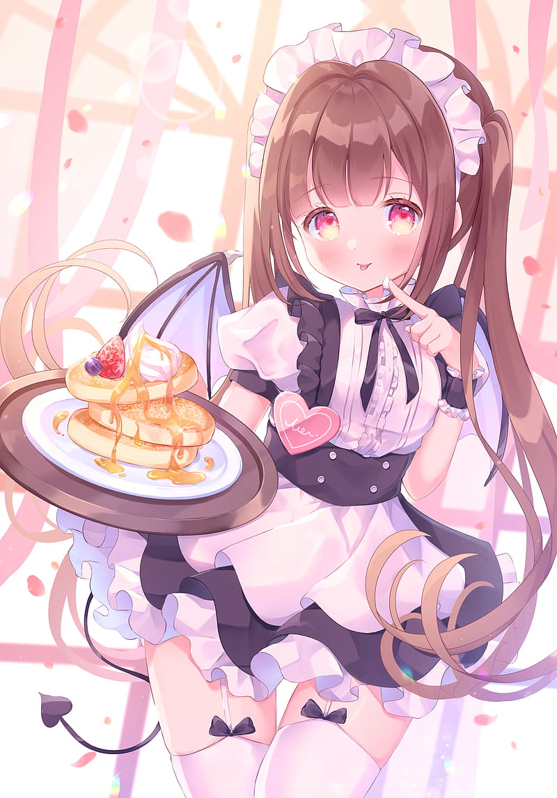 anime, anime girls, waitress, brunette, vertical, bat wings, pancakes, maid outfit, wings, tail, thigh-highs, garter straps, twintails, red eyes, tongue out, HD phone wallpaper