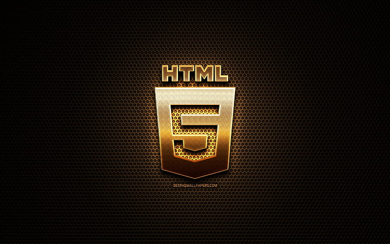 HTML5 glitter logo, programming language, grid metal background, HTML5, creative, programming language signs, HTML5 logo, HD wallpaper