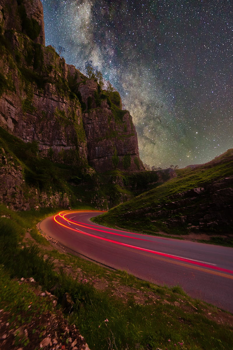 rocks, road, stars, long exposure, starry sky, HD phone wallpaper
