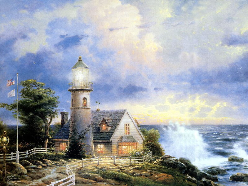 Let your Light shine, kinkade, clouds, sea, lighthouse, HD wallpaper