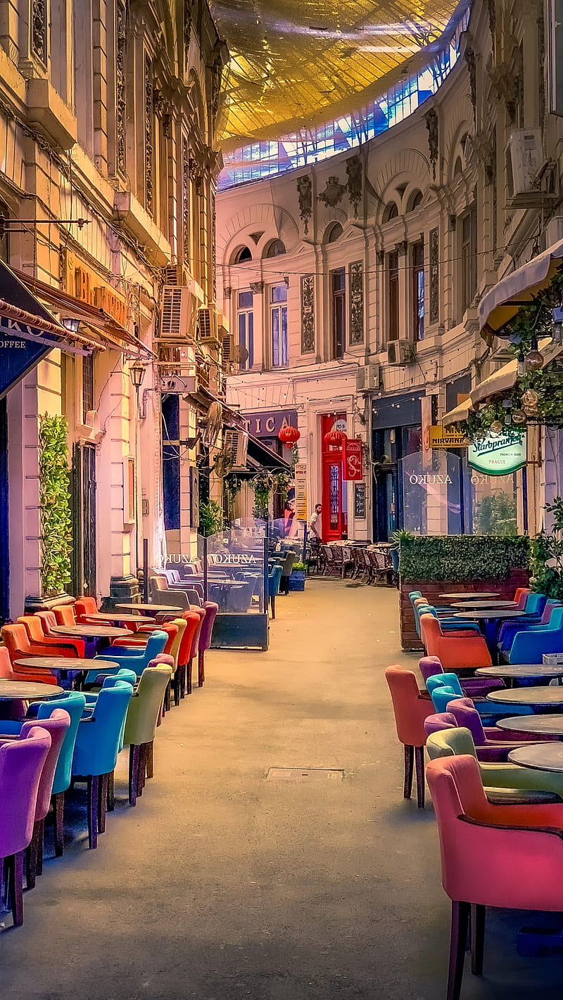 Calm before storm, cafe, chairs, city, colorful, restaurants, street, town, HD phone wallpaper