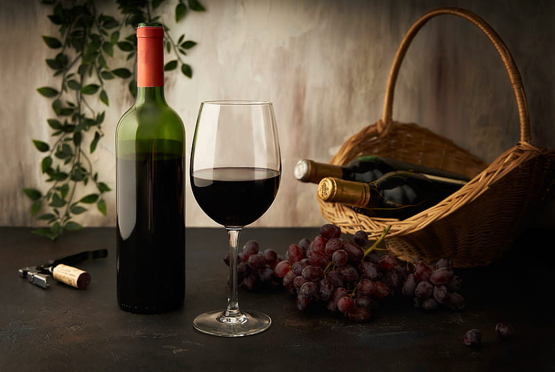 Food, Still Life, Alcohol, Basket, Bottle, Drink, Glass, Grapes, Wine, HD wallpaper